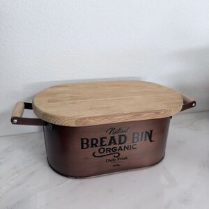 Copper Bread Bin with Solid Wood Cutting Board Lid Farmhouse Countertop Storage